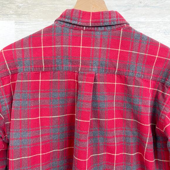 LL Bean Plaid Flannel Button Front Shirt Red Gray Vintage 90s Mens Large Tall LT - Picture 4 of 5